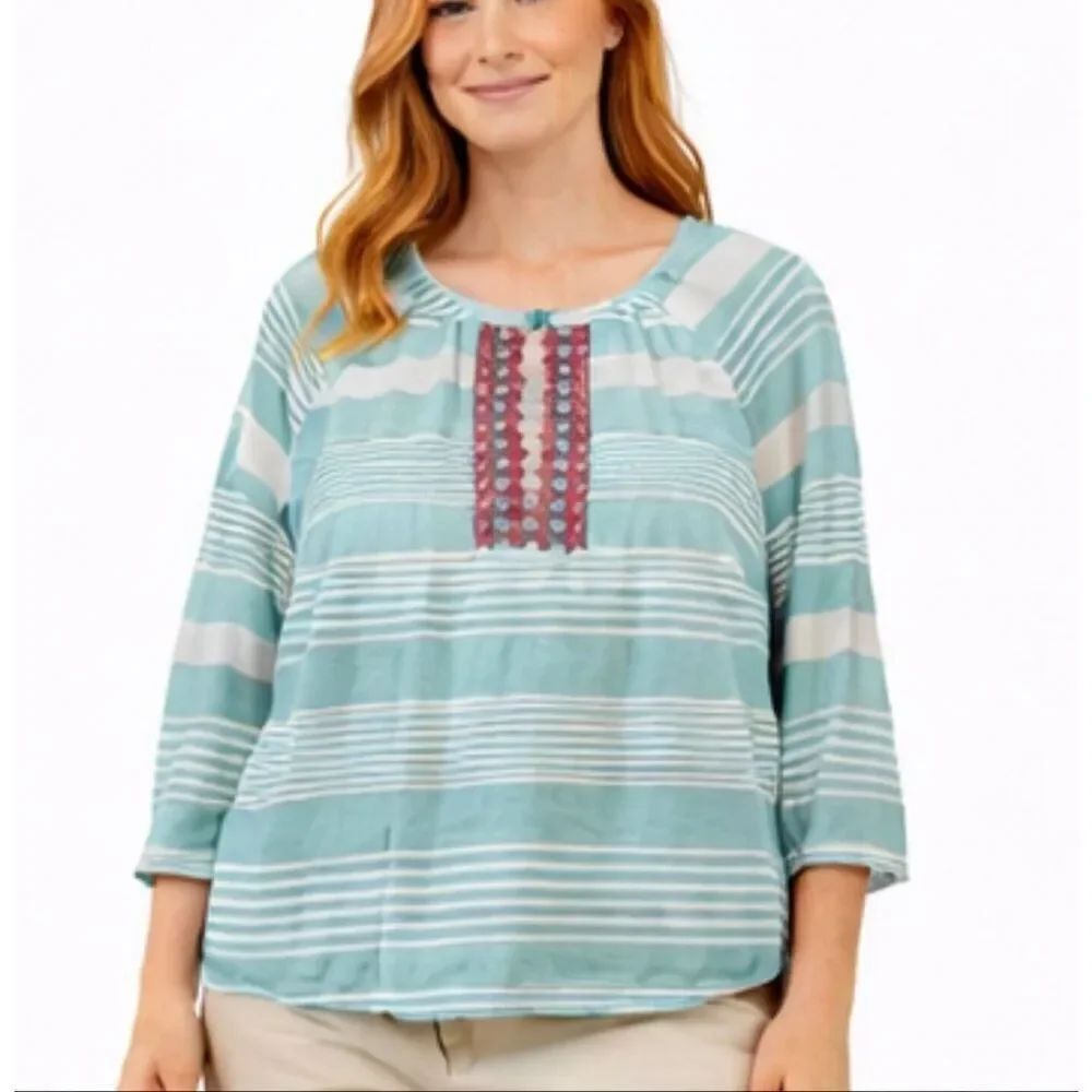 Talbots mint striped beaded neckline top size medium